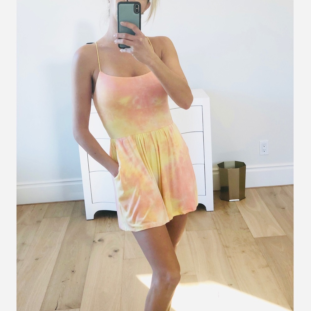 LAST 1! Tie Dye Romper Lace Up Back Yellow Small - Picture 5 of 9